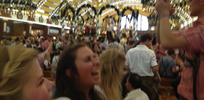 Dancing on the tabletops inside Lowenbrau tent