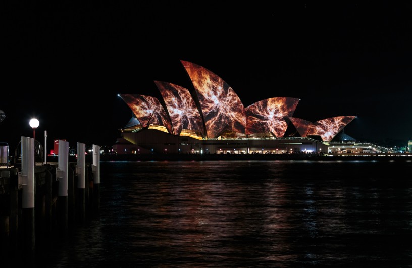 Sydney Opera House with Orange Burst Projection during Vivid Festival 2014