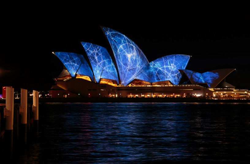 Sydney Opera House with Blue Circles Projection during Vivid Festival 2014