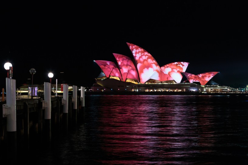 Sydney Opera House with Pink Flower Projection during Vivid Festival 2014