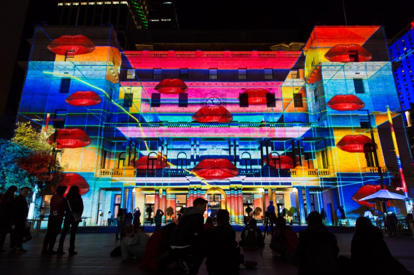 Sydney Customs House with Lips Projection during Vivid Festival 2014