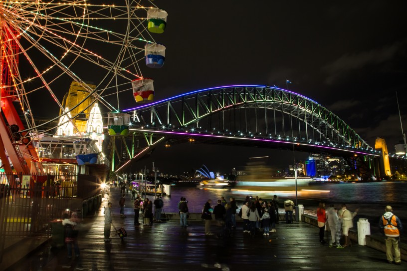 Sydney Harbour Bridge in Blue and Pink with Ferry Blur, Vivid Festival 2014