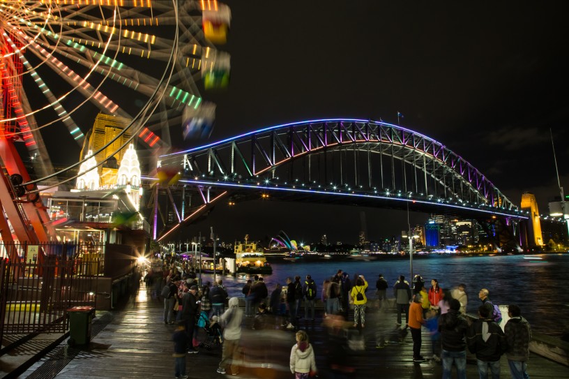 Sydney Harbour Bridge in Purple and Aqua with Luna Park Ferris Wheel, Vivid Festival 2014