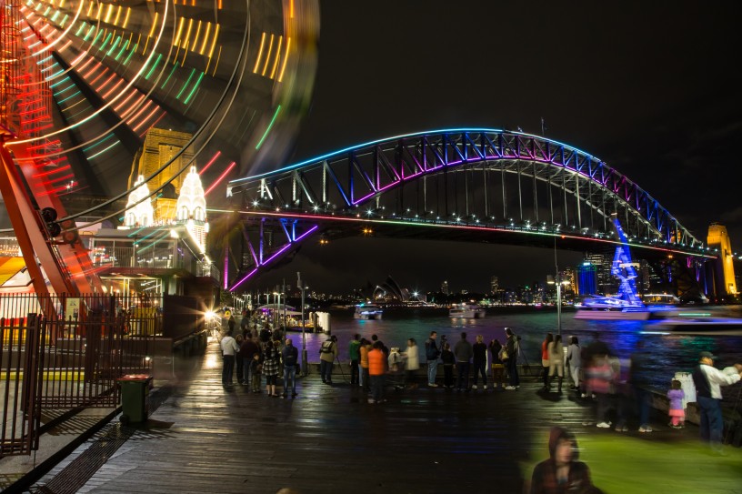 Sydney Harbour Bridge in Pink, Aqua and Blue with Luna Park Ferris Wheel, Vivid Festival 2014