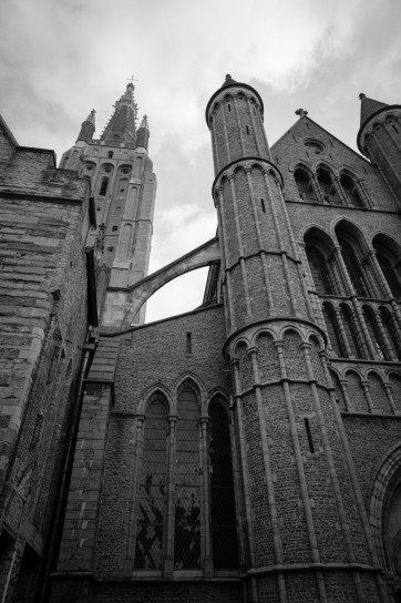 The flying buttresses and brickwork of the Church of Our Lady, Bruges