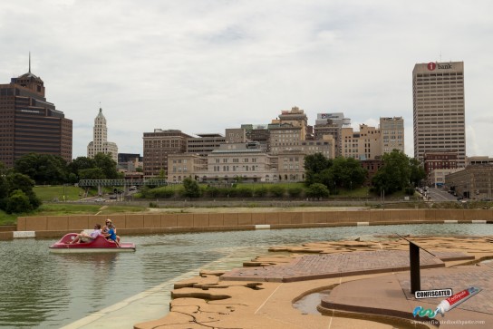 Scale model of the lower Mississippi, with paddle-boats on the Gulf of Mexico on Mud Island, and Memphis skyline in background